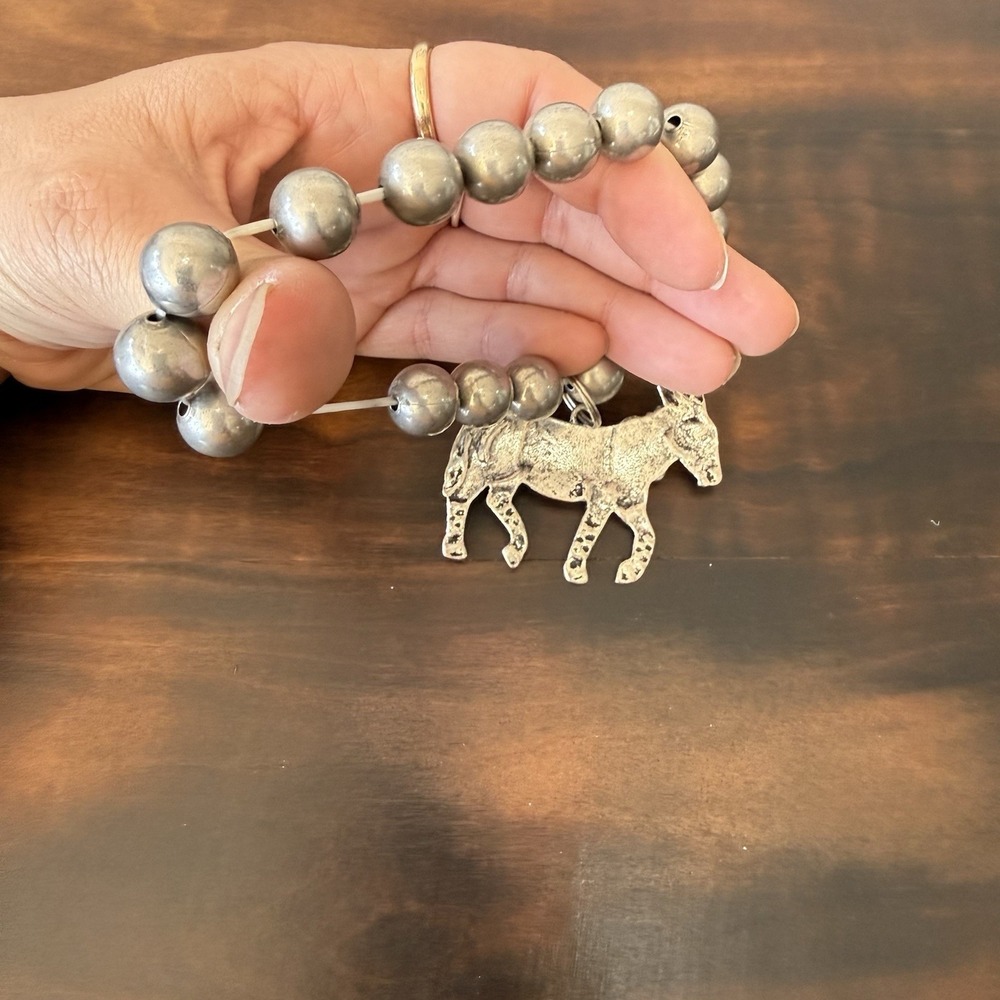 Western Silver Beaded Stretch Bracelet Detailed Donkey Burro Charm Bracelet - Picture 5 of 6